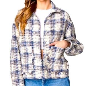BLANK NYC Shacket Tweed Plaid Sweater Jacket Large Blue Casual NEW Fall Winter